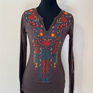 Panhandle Slim Embroidered Brown Long Sleeve Top